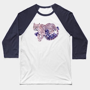 Snow Leopard with Purple Flowers Baseball T-Shirt